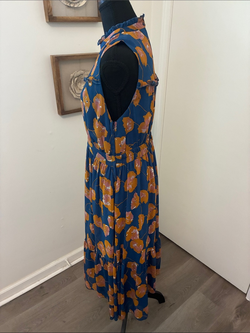 Modcloth Blue/Orange Floral Sleeveless Ruffle Midi Dress Size Large - Picture 3 of 5